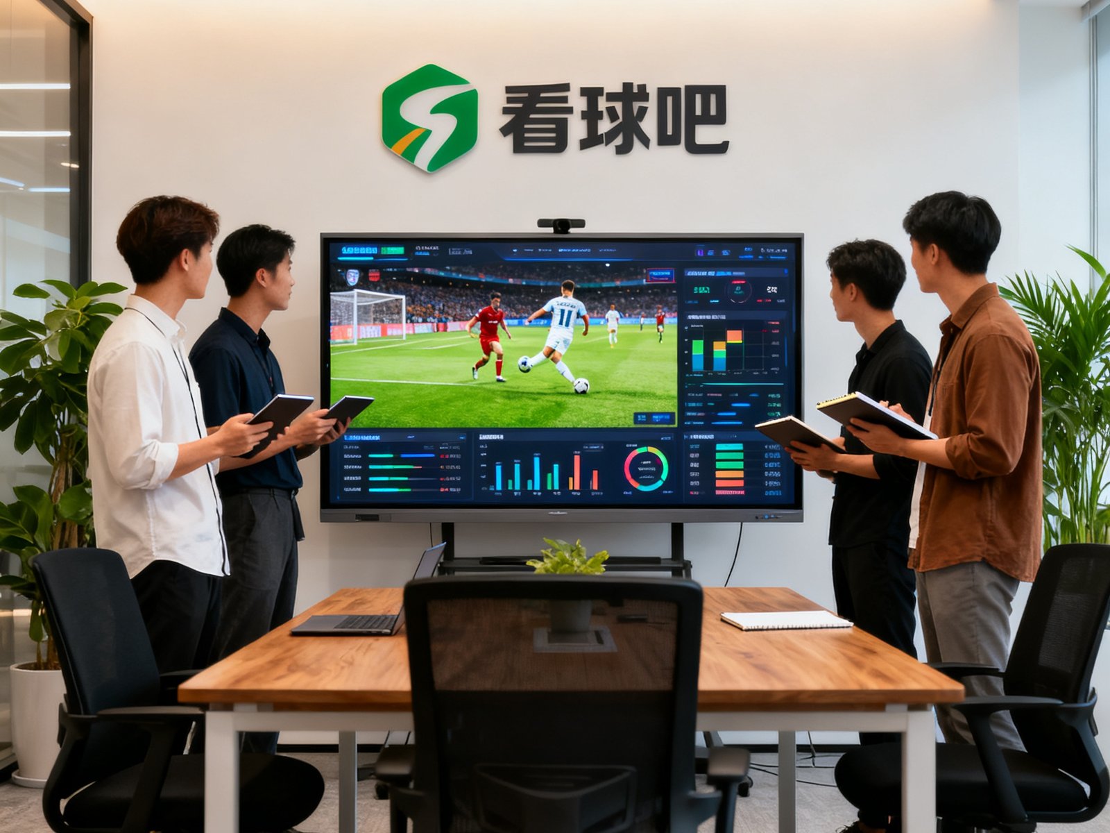 看球吧團隊在現代化辦公室內圍繞大屏幕討論賽事數據，屏幕顯示實時足球比賽畫面與數據分析圖表